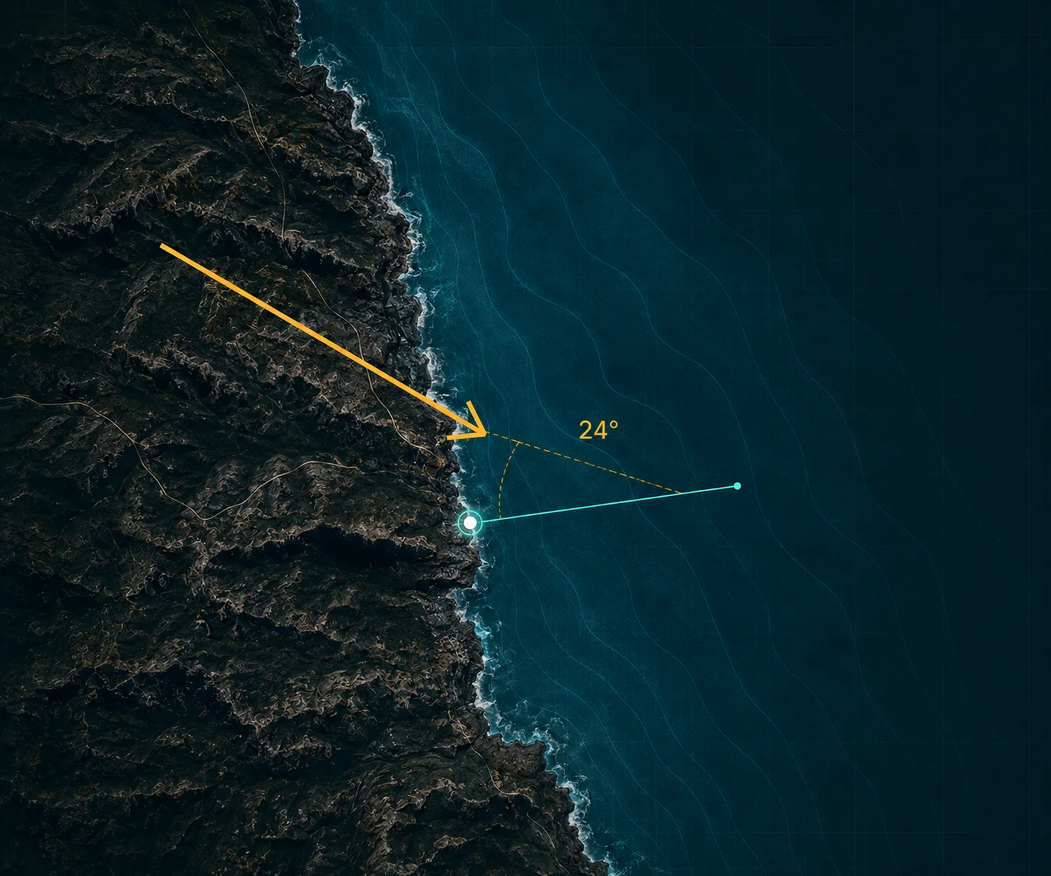 Offshore wind flowing from the land toward the water at a 24 degree angle