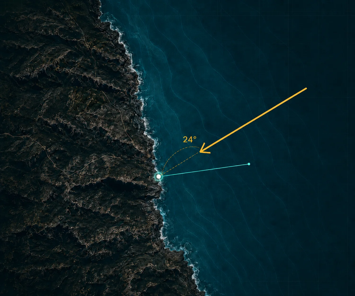 Onshore wind flowing from the water toward Gonio shore at a 24 degree angle